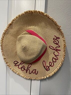 Mud Pie Straw Sun Hat with Pink Band and Pink Embellished Aloha Beaches NWOT